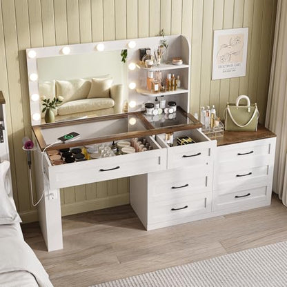 Farmhouse Makeup Vanity Desk, Vanity 6-Drawer Dresser Combo, Antique White | Large Make Up Dressing Table, with Mirror and Lights, Glass Top, 8 Drawers, Charging Station, Open Storage, for Bedroom