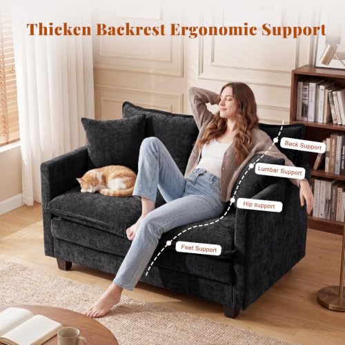 50'' Loveseat Sofa Set, Small Couch Set 2 Piece Cloud Love Seat with 27" Deep Seat Washable Chenille Pillows Couches for Small Spaces Apartment Living Room, Black - color: Black, size: 50"+50"
