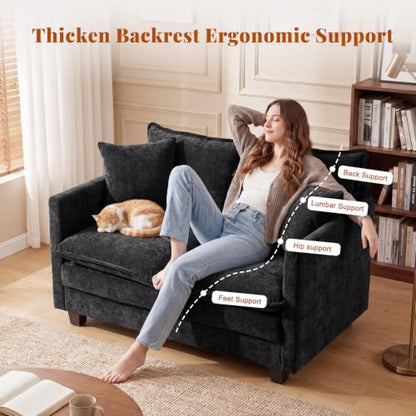 50'' Loveseat Sofa Set, Small Couch Set 2 Piece Cloud Love Seat with 27" Deep Seat Washable Chenille Pillows Couches for Small Spaces Apartment Living Room, Black - color: Black, size: 50"+50"