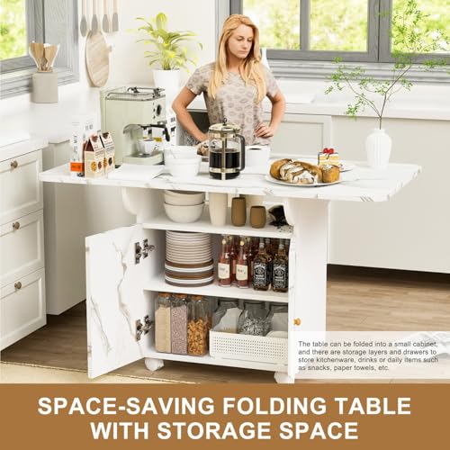 Folding Dining Table for 4-6 with Storage Rack and Cabinet, White Marble Color Kitchen Island, Versatile Space-Saving Table - color: White (Table Only)