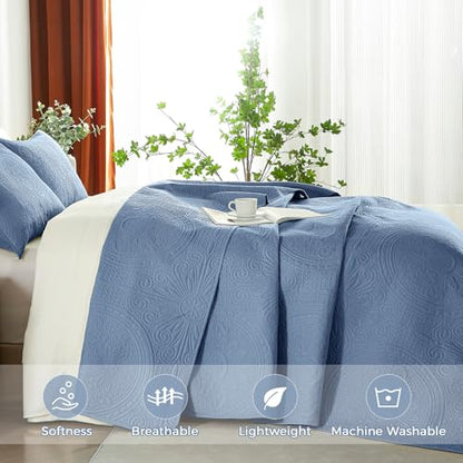 WURUIBO Full/Queen Quilt Set Bluish Grey,Ultrasonic Embossed Bedspread, Lightweight Microfiber Coverlet, Modern Thin Bedding Set for All Season, 3 Piece(1 Quilt,2 Pillow Shams) - color: Bluish Grey, size: Full/Queen(90"x96")