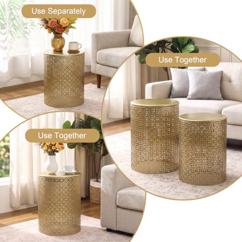 Homebeez Modern Nesting Tables Set of 2, Round Metal End Table, Gold | Accent Side Tables for Living Room & Bedroom, No Assembly Nightstands - color: Gold