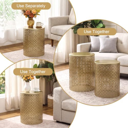 Homebeez Modern Nesting Tables Set of 2, Round Metal End Table, Gold | Accent Side Tables for Living Room & Bedroom, No Assembly Nightstands - color: Gold