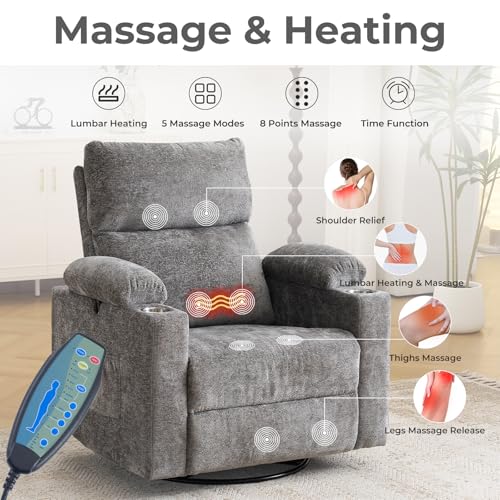 Rocking Chair Nursery with Adjustable Armrests, Electric Glider Recliner Nursing Chair, Power Swivel Recliner Chairs with Massage and Heat, Adjustable Headrest, Dark Grey - color: Dark Grey, size: Power Recliner