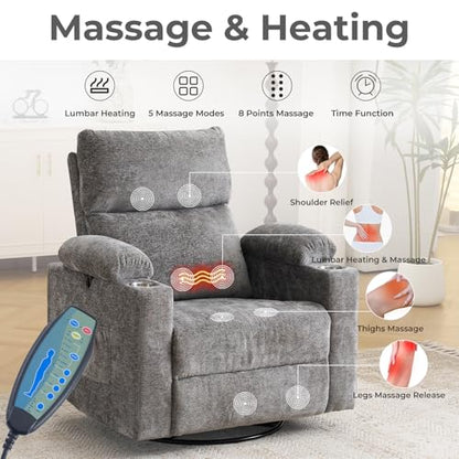Rocking Chair Nursery with Adjustable Armrests, Electric Glider Recliner Nursing Chair, Power Swivel Recliner Chairs with Massage and Heat, Adjustable Headrest, Dark Grey - color: Dark Grey, size: Power Recliner