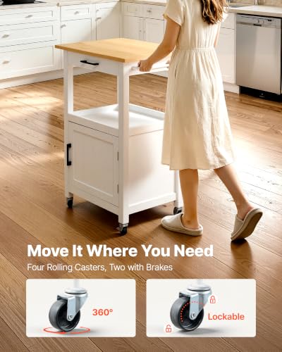 VEVOR Kitchen Island Cart with Single Door Cabinet, Mobile Carts with Drawer, Towel Rack, Hooks, Portable Table on Swivel Wheels, Small Coffee Islands Microwave Stand for Dining Room, 18x23 in, White - size: 17.72"D x 23.23"W x 35.83"H, style: Moveable 1