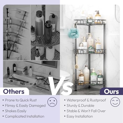 SWTYMIKI Standing Shower Caddy Corner - 3‑Tier Stainless Steel Shower Organizer Shelf with 12 Hooks and Adhesive Pads, Rustproof Corner Shelves Stand Rack for Bathroom Shower Room, Gray - color: Grey