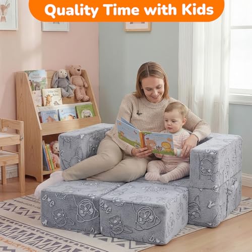 MeMoreCool Glow in Dark Dog Kids Couch, Fold Out Loveseat Sofa 39x20x16in | Grey dog glow in dark kids loveseat with armrests and pocket - color: Dog