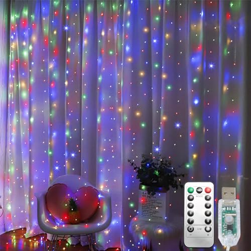 300 LED Curtain String Lights, Fairy Lights with 8 Light Modes, 9.8x9.8Ft Remote USB Plug Fairy String Lights for Christmas, Bedroom, Indoor, Outdoor, Weddings, Party, Camping Decor (Multicolored) - color: Copper Wire-Multicolor