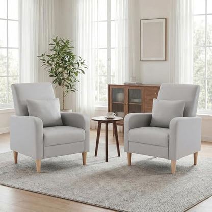 COLAMY Mid-Century Modern Accent Chairs Set of 2, Faux Leather Upholstered Living Room Chairs with Back Pillow & Solid Wood Legs, Comfy Armchair for Living Room, Bedroom, Single Sofa, Light Grey - color: Light Grey, size: Set of 2