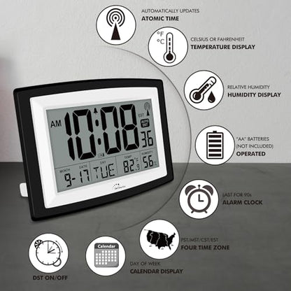 12.5 Inch Atomic Clock with Indoor Temperature and Humidity | Battery Operated Digital Wall or Desk Clock, Auto DST, Large Display for Seniors, Self-Setting, for Classroom, Garage, Office - size: Large