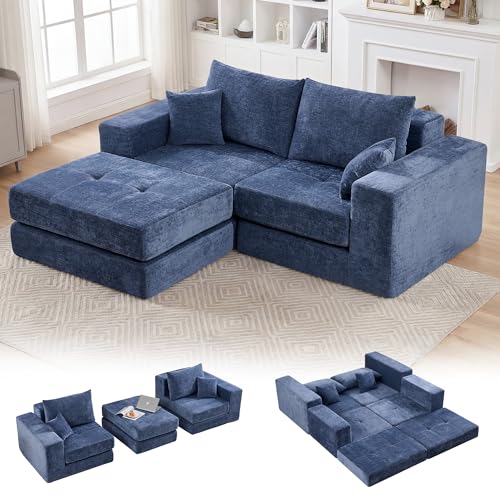 79" Boneless Cloud Loveseat Sofa, Modular Sectional Love Seat with Ottoman, Modern L-Shaped Tufted Convertible Sleeper Sofa Bchenilleed for Living Room & Small Spaces, No Assembly Required, Blue - color: Blue, size: 79.5" Tufted Boneless Loveseat
