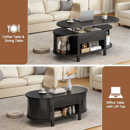 43.3" Oval Lift Top Fluted Coffee Table with Sliding Door, Black | Mid-Century Modern Fluted Coffee Table with Lift Tabletop & Multi-Storage Spaces, Dining Table for Living Room, Home Office - color: Black