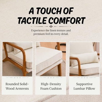 Karl home Mid-Century Accent Reading Chairs Set of 2, Beige | Linen Upholstered, Solid Wood Frame, Soft Cushion, Lumbar Pillow, Lounge Armchair for Living Room, Bedroom, Balcony, Study - color: Beige