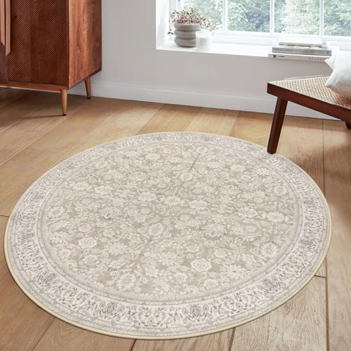 SIILOOM Washable 5ft Circle Round Rug, 5x5 Non-Slip Soft Circular Area Rugs | Cream/Beige/Yellow/White Spill & Stain Resistant Carpet for Living Room Dining RoomUnder Table - color: Cream/Beige/Yellow/White/Grey, size: 5' (Round)