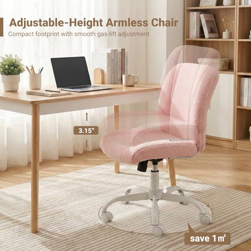 Vanity Chair with Wheels, Armless Office Chair Height Adjustable, Cute Desk Chair with Soft Lumbar Support for Small Space, Bedroom, Make-up Room, Pink - color: Pink