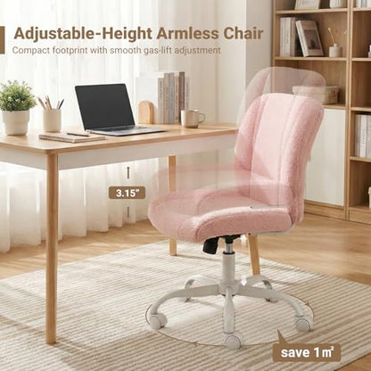 Vanity Chair with Wheels, Armless Office Chair Height Adjustable, Cute Desk Chair with Soft Lumbar Support for Small Space, Bedroom, Make-up Room, Pink - color: Pink