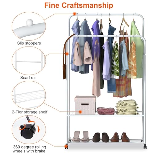 Double Rod Garment Rack with Wheels, Heavy Duty Clothing Racks for Hanging Clothes, Multi-functional Rolling Clothes Organizer, Portable Clothes Rack - size: 19.7"D x 31.3"W x 62.6"H