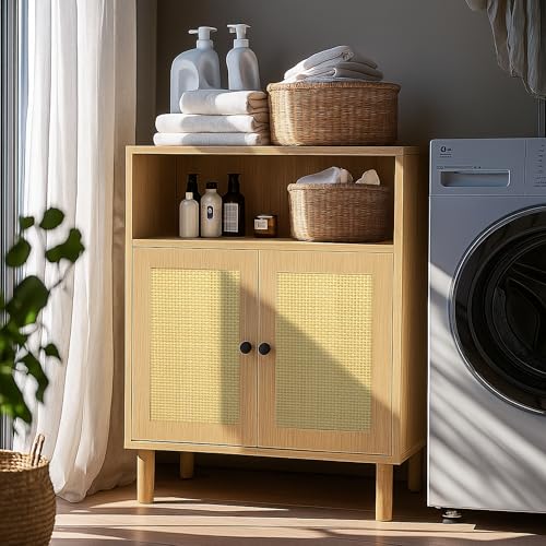 Boho Accent Cabinet with Rattan Doors, Small Sideboard Buffet, Oak | Small Sideboard Buffet Cabinet for Entryway, Living Room, Kitchen Coffee Bar - color: Oak