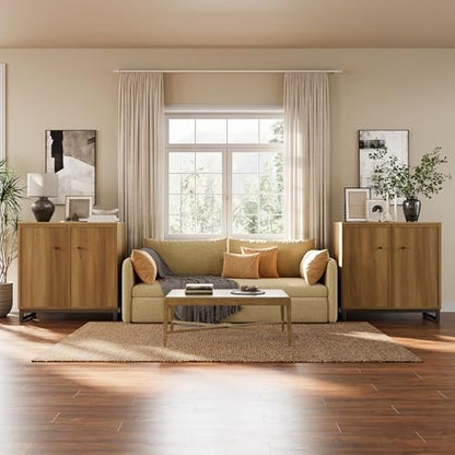 Rustic Storage Cabinet, Modern Farmhouse Set of 2 Buffet Accent Cabinet with 4-Door Design with Metal Frame Base for Dinnig Room Living Room Entryway,Brown Oak - color: Brown Oak