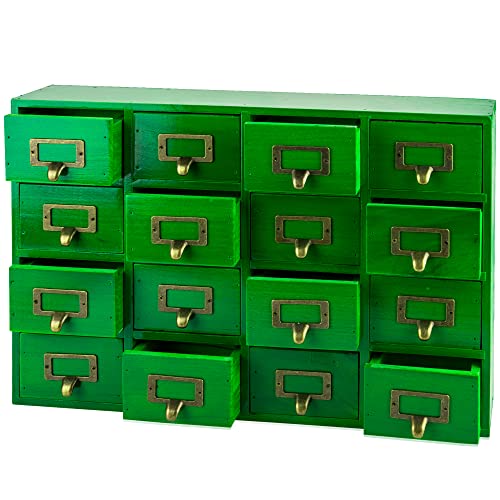 Emerald Green Wood 16-Drawer Apothecary Small Cabinet - 20"x3.6”x14” Card Catalog Style Table Top Organizer - Wooden Storage Box w/16 Drawers - 4-Level Countertop Organizer w/Label Holders & Handles - color: 16 Drawer Emerald Green