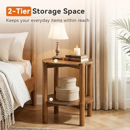 Solid Wood Round Side Table, 2-Tier Small End Table with Storage Shelf, Farmhouse Rustic Nightstand for Living Room, Bedroom, Small Spaces, Easy Assembly (1 PC, Natural Brown)