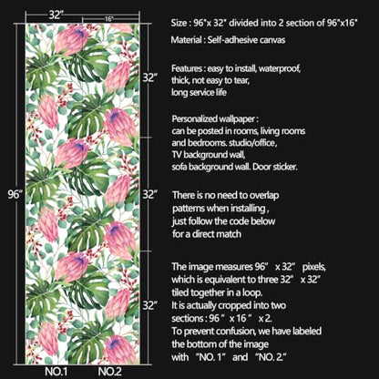 Tropical Floral Monstera Green Leaf Flowers Peel and Stick | self adhesive Wallpaper - 96''x32'' - color: X09, size: 32" x 96"