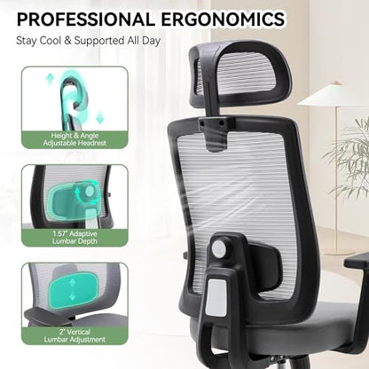 Office Chair with Mesh High Back, Ergonomic Office Desk Chair with Adjustable Lumbar Support, Rolling Work Chairs with Wheels and Headrest, Grey - color: Grey