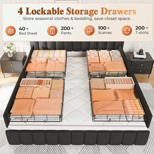 Bed Frame King Size with Upholstered Headboard & Charging Station, King Bed Frame with 4 Storage Drawers, 2-Tier Open Shelves, No Box Spring Needed, Slient Foam Strip, Easy Assembly, Black - color: Rustic Brown and Black, size: King