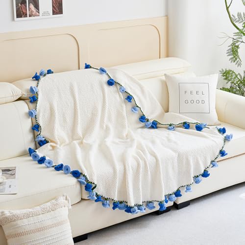 Crochet Flower Bouquet Throw Blanket, Handmade Knitted Blanket with Flowers, Cute Romantic Gift for Her Girlfriend Mom Mother’s Day Valentine Wedding Anniversary Birthday, Blue 40 Inches - color: Blue Lily of the Valley, size: 40 Inches
