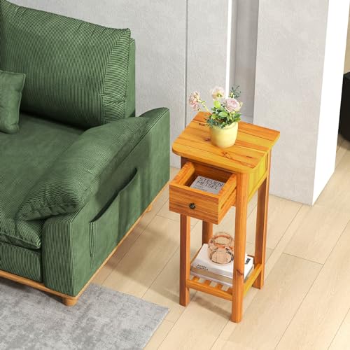 Narrow Side Table, Tall Nightstand with Drawer and Shelf, Small Bedside Tale for Small Space, Living Room End Tables, No Assembly (1, Brown) - color: Brown