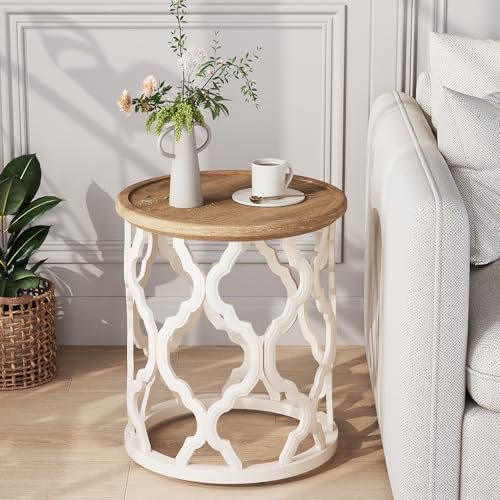 karlott Farmhouse End Table, French Country Tray Round Side Table, Beige | Curved Motif Frame Base With Distressed Tray Top, Boho Accent Table Ideal, End Tables for Living Room, Small Space, Bedroom - size: Tray End Table 18.5 Inches