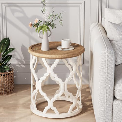karlott Farmhouse End Table, French Country Tray Round Side Table, Beige | Curved Motif Frame Base With Distressed Tray Top, Boho Accent Table Ideal, End Tables for Living Room, Small Space, Bedroom - size: Tray End Table 18.5 Inches