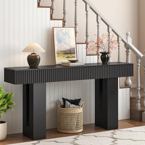 63-Inch Long Entryway Console Table with a Fluted Design, Thick Wood Farmhouse Sofa Table Behind Couch, Narrow Hallway Accent Table for Living Room, Foyer, Entrance, Modern Black - color: Black, size: 63 Inch