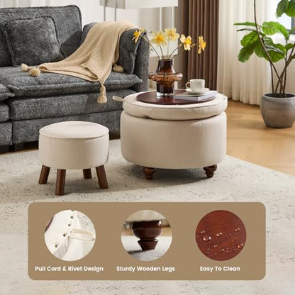 24Inch Round Storage Ottoman, Set of 2, Modern Button Tufted Coffee Table with Removable Top, Upholstered Ottoman with Storage Footrest Stool for Living Room, Bedroom (Khaki) - color: Khaki