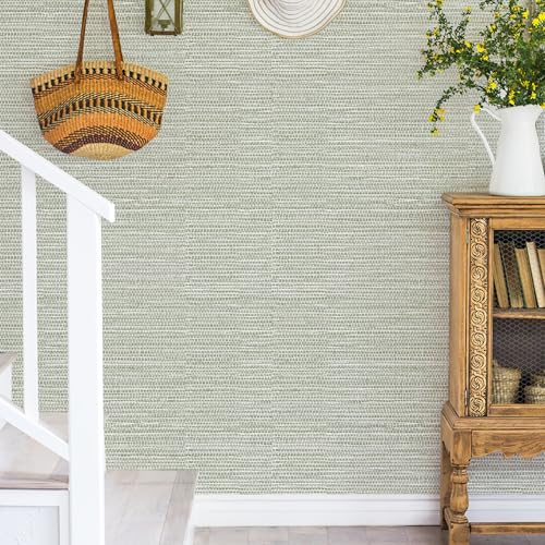 HueBurst Green Grasscloth Peel and Stick Wallpaper 17.3" x 394" Renter Friendly Neutral Textured Grassweave Wallpaper Self Adhesive Removable for Bathroom Bedroom - color: Neutral, size: 17.3" x 394"