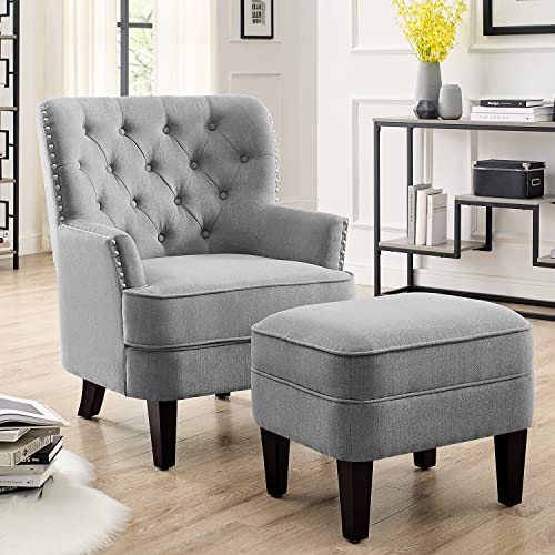 Rosevera Accent Chair and Ottoman Set - Button Tufted Armchair for Living Room, Bedroom, Reading - Mid-Century Modern Lounge Chair Set - Gray - color: Velvet Grey With Ottoman