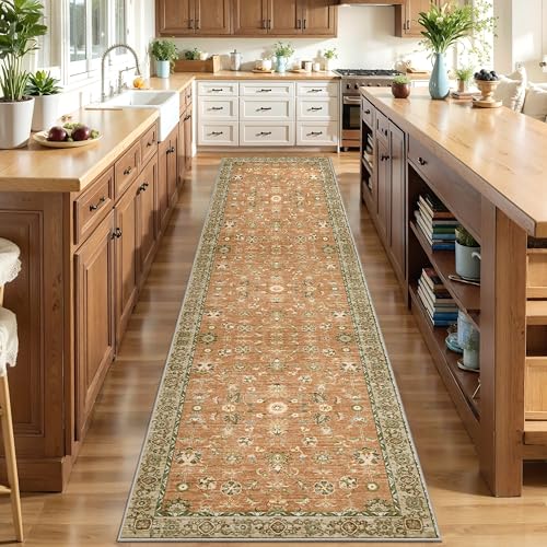 Tangsoo Washable Runner Rug for Hallway Non Slip,Boho 2.6x10 Terracotta Rug | Vintage Floral Long Rug Runners for Kitchen,Farmhouse Soft Low Pile Carpet Runner for Entryway Bathroom Laundry Bedroom Decor - color: Terracotta Tangerine, size: 2'6" X 10' (Ru