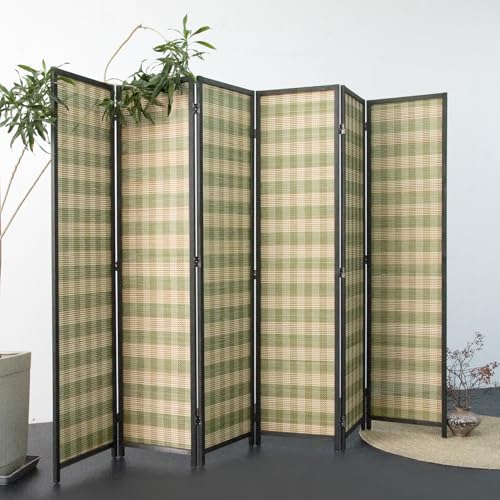 6 Panel Bamboo Room Divider, Green Stripe Folding Privacy Screen | 5.6 ft Folding Screen Divider, Divider for Room Separation, Freestanding Room Partition Screen, Double-Sided Panel Screen - color: Green Stripe, size: 6 Panel