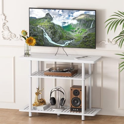 Bamboo TV Stand, Small TV Stands for up to 32 Inch, 3-Tier Console Table with Storage, Sturdy Entertainment Center TV Shelf, Entryway Table for Bedroom Small Space, White - color: White