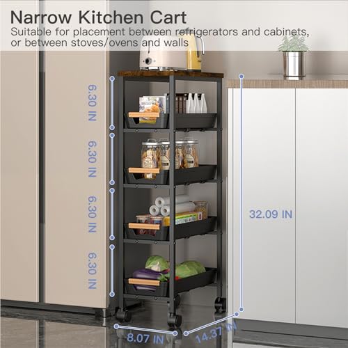 5 Tier Narrow Slim Rolling Cart Wood Top Storage Cart Black | 5 tier narrow rolling cart slides into 8 inch gaps, while solid wood top provides durable storage over plastic surfaces - color: Black