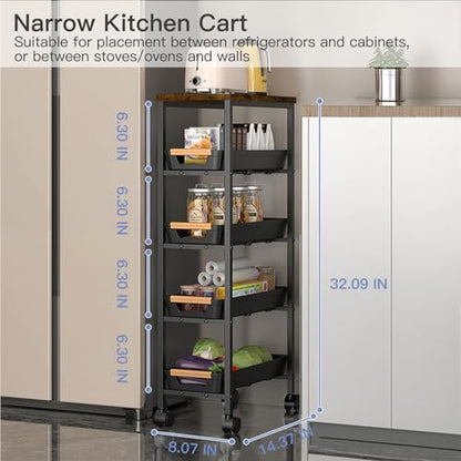5 Tier Narrow Slim Rolling Cart Wood Top Storage Cart Black | 5 tier narrow rolling cart slides into 8 inch gaps, while solid wood top provides durable storage over plastic surfaces - color: Black