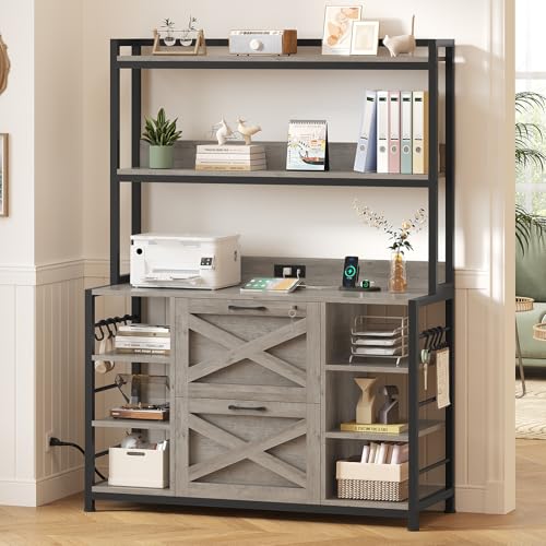 SEDETA File Cabinet with Charging Station, Vertical Filing Cabinet with Lock for Home Office, Printer Stand with Open Storage Shelf, Fits Legal/Letter/A4 Size, Grey - color: Grey