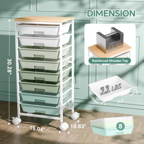 Ekisemio Utility Cart Organizers with Wheels and 8 Drawers, Little Rolling Craft Cart with Wooden Tabletop for Classroom, Office, Living Room, Craft Room, Green