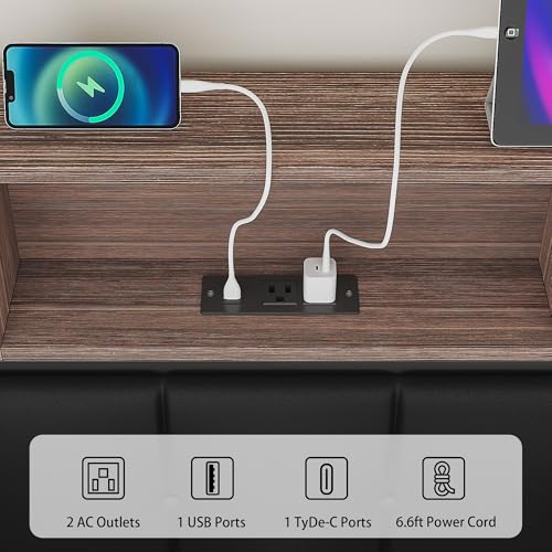 VECELO Farmhouse Metal Bed Frame Twin Size with Wooden Headboard & Footboard, Solid Platform Mattress Foundation with Storage, LED Light, Charging Station, USB Ports, Noise-Free, Easy Assembly, Black - size: Twin