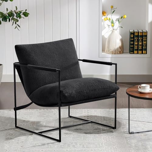 Furnilivng Large Sling Accent Chair, Comfortable Boucle Fabric Arm Chair, Upholstered Cozy Reading Chair for Living Room, Bedroom, Dressing Room, Home Office (Black, Set of 1) - color: Black, size: Set of 1