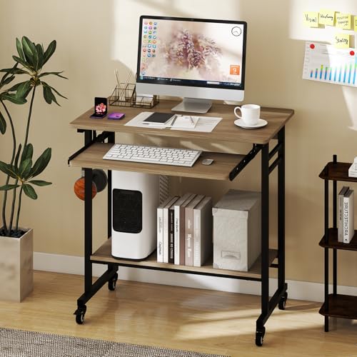Tangkula Rolling Computer Desk Cart with Keyboard Tray, Mobile Portable Laptop PC Desk with CPU Stand & 3 Hooks for Sofa & Bed, Compact Small Desk on Wheels for Small Spaces (Grey) - color: Grey