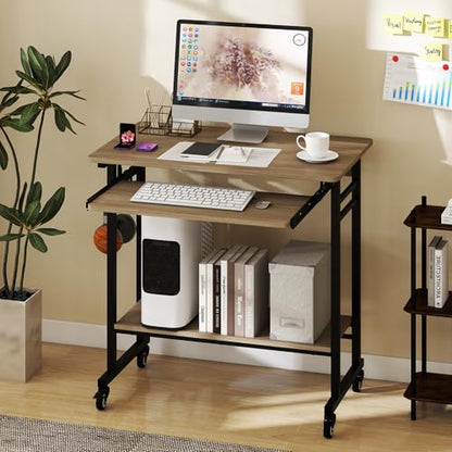 Tangkula Rolling Computer Desk Cart with Keyboard Tray, Mobile Portable Laptop PC Desk with CPU Stand & 3 Hooks for Sofa & Bed, Compact Small Desk on Wheels for Small Spaces (Grey) - color: Grey