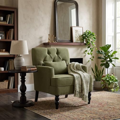 HUIMO Accent Chair, Tufted Upholstered Club Chair, Olive Green | Tufted upholstered club chair with lumbar pillow and solid wood legs. Suitable for living rooms, bedrooms, and reading nooks. - color: Green