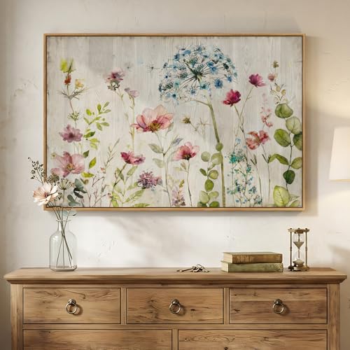 Framed Vintage Floral Wall Art, Rustic Colorful Flower Canvas Prints Artwork for Walls, Natural Watercolor Botanical Wildflower Pictures for Living Room Bedroom Dining Room Office Wall Decor, 24x36 In - color: Multi & Pastels